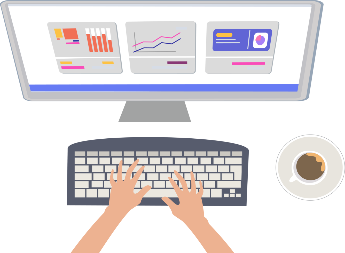 illustration of a view from above working on a computer. working on a computer and a cup of coffee. business analysis using computer png