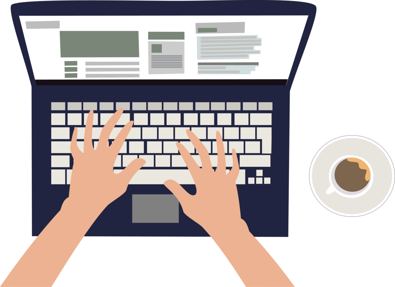 hands typing using a laptop with a cup of coffee. illustration looks from the top of the hand typing using a laptop png