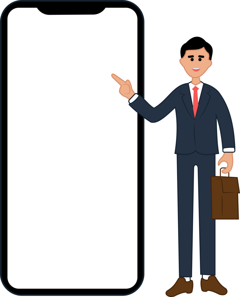portrait of smiling businessman with big phone. cartoon illustration of standing man in suit with briefcase pointing finger at screen. businessman doing presentation on smartphone png