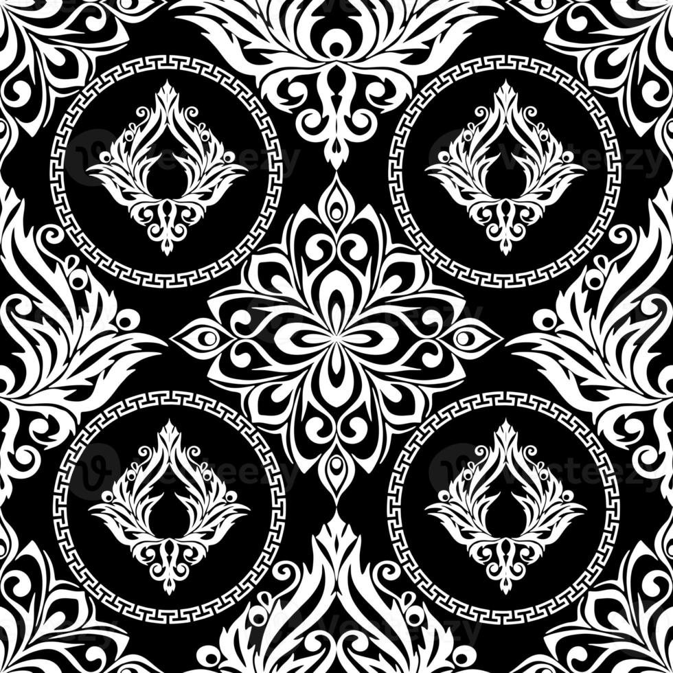 seamless graphic pattern, tile with abstract geometric white ornament on black background, texture, design photo