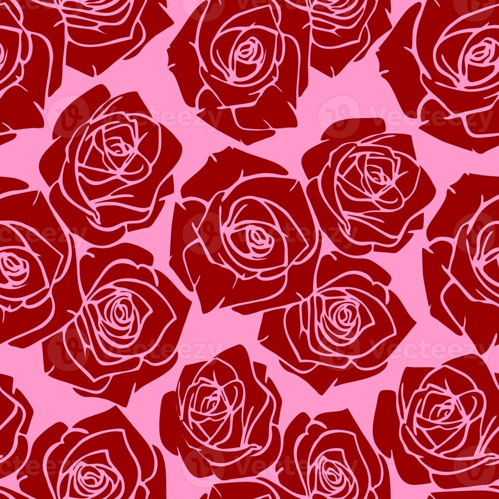 seamless graphic pattern of red silhouettes of roses on a pink background, texture, design photo