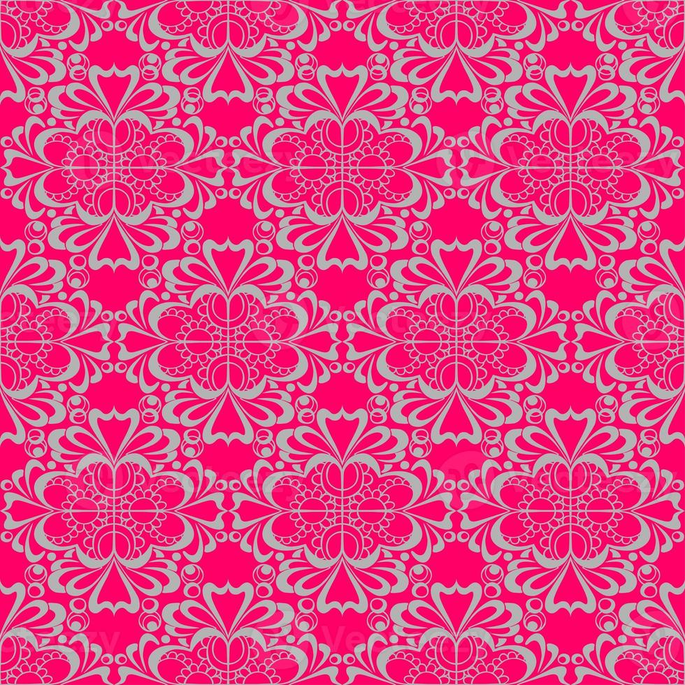 seamless graphic pattern, floral gray ornament tile on pink background, texture, design photo