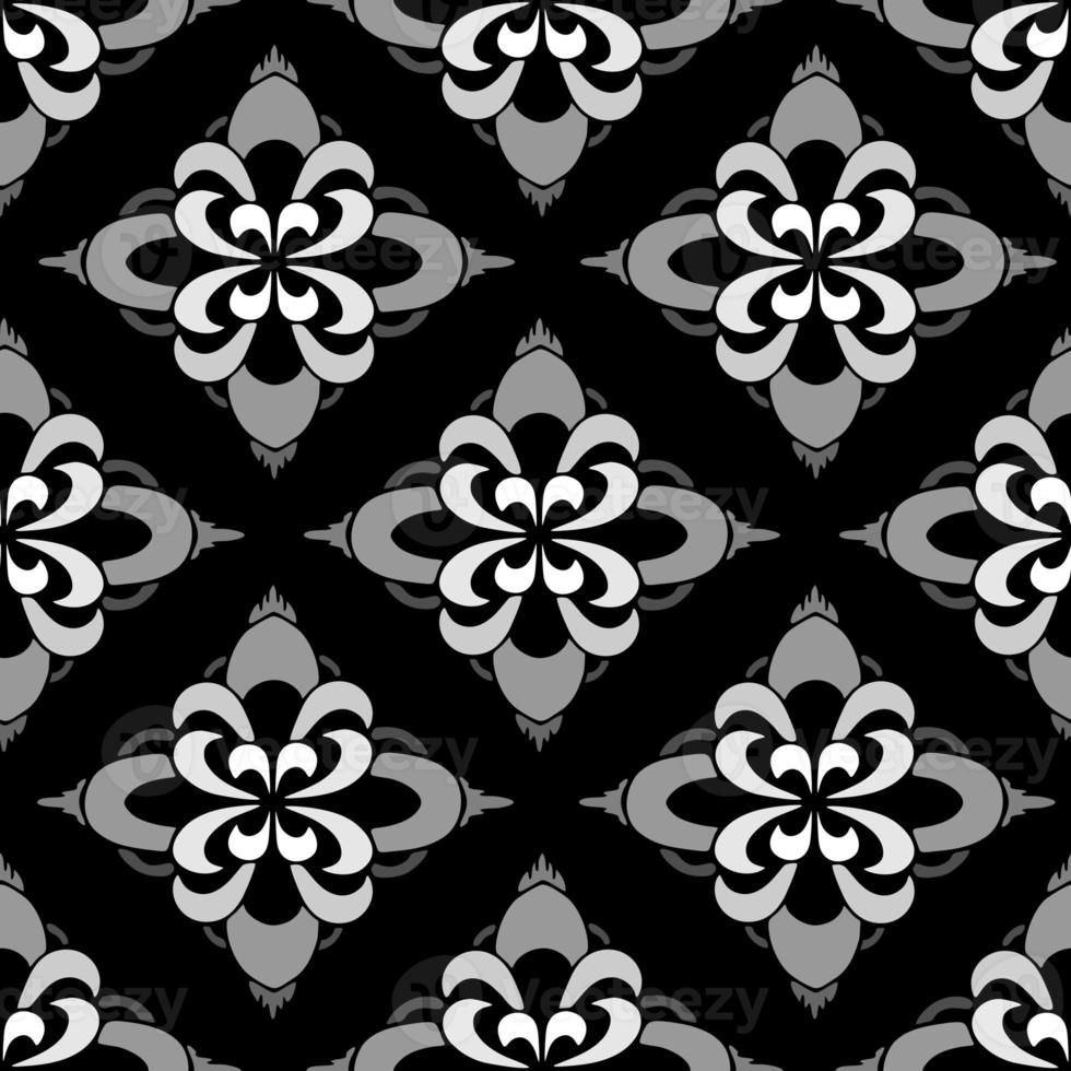 seamless symmetrical pattern of abstract gray geometric shapes on a black background, texture photo