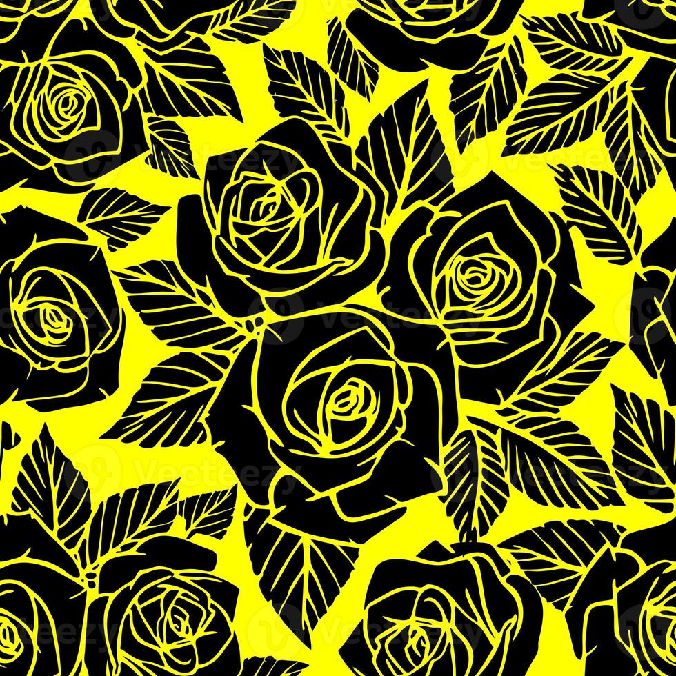 seamless black asymmetric pattern of rose contours on a yellow background, texture, design photo