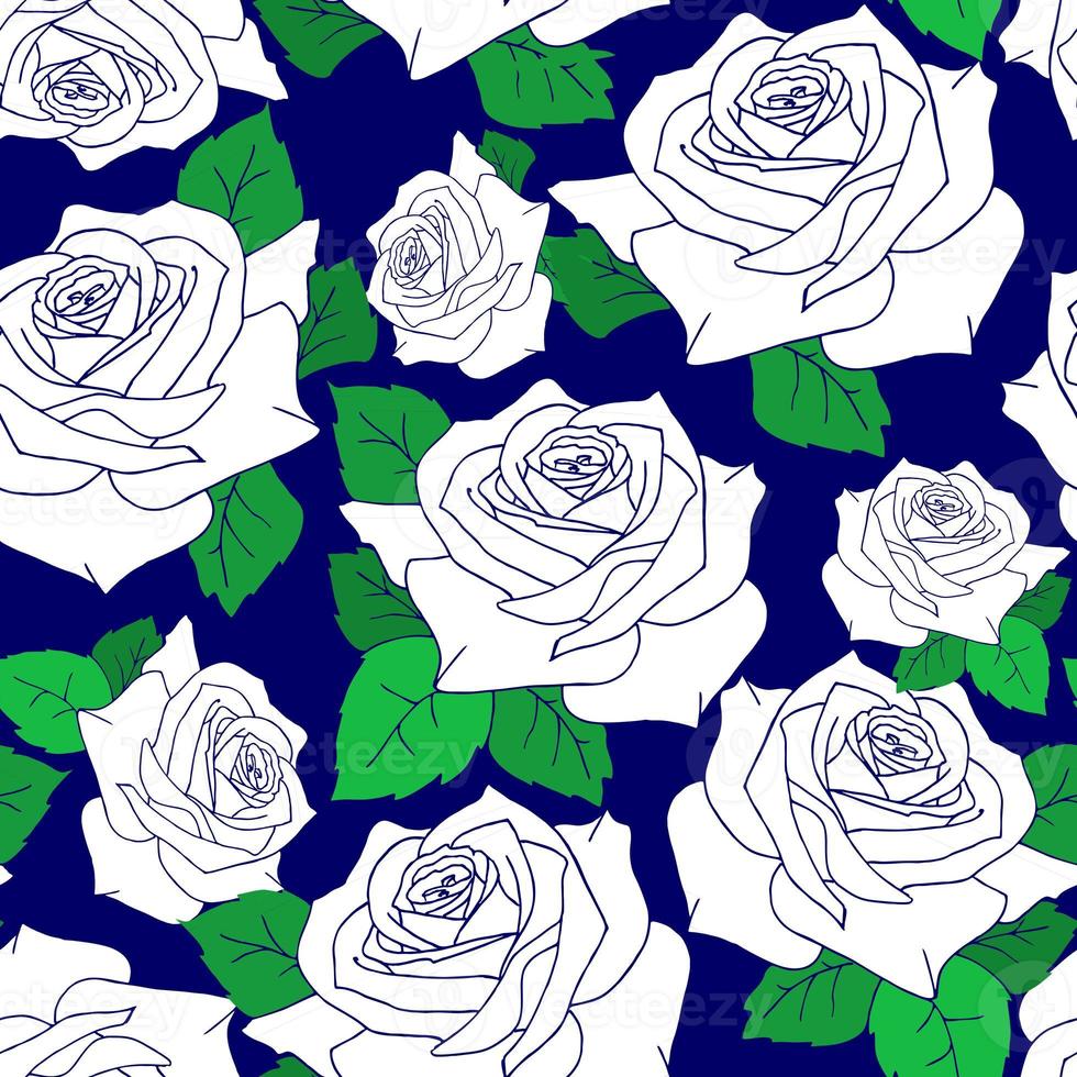 seamless pattern of large white rose flowers with leaves on a blue background, texture, design photo