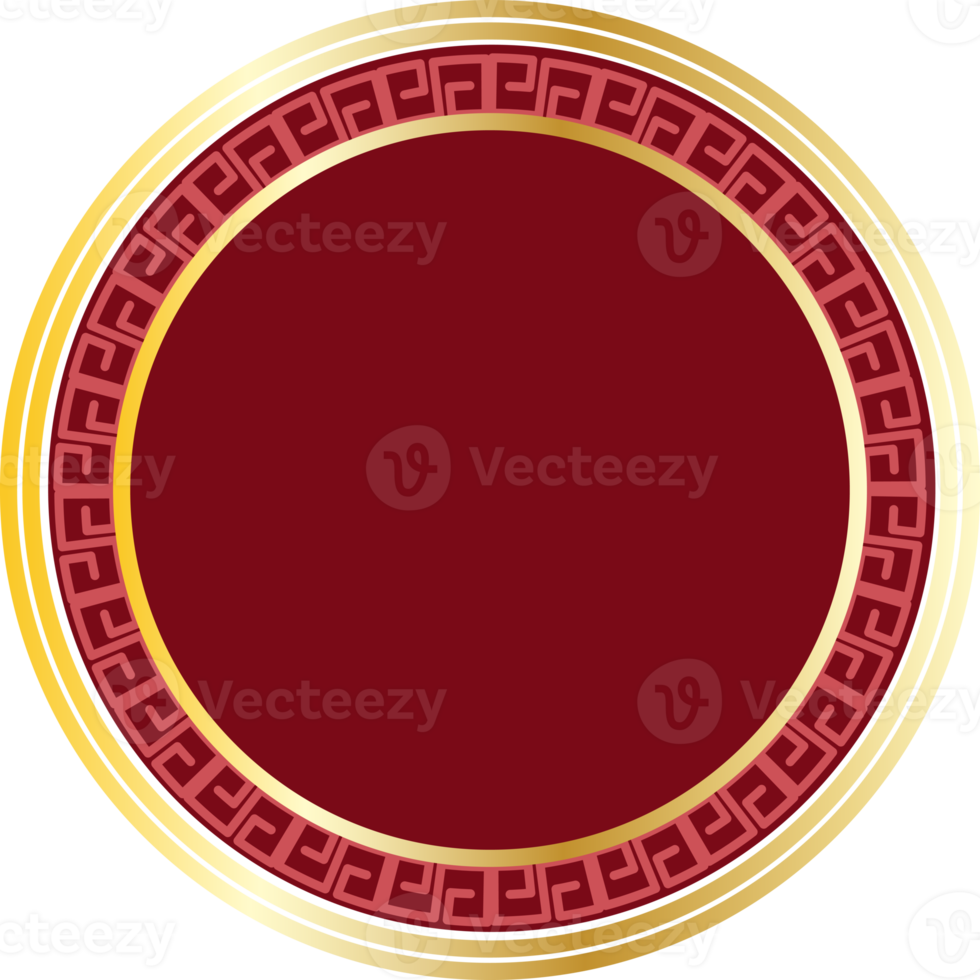 Chinese traditional lattice window frame round shape in red and gold color. png