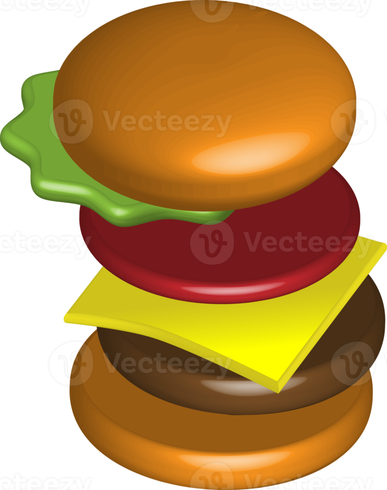 Stack of hamburger falling down. Fast food and restaurant concept. 3D PNG side view.