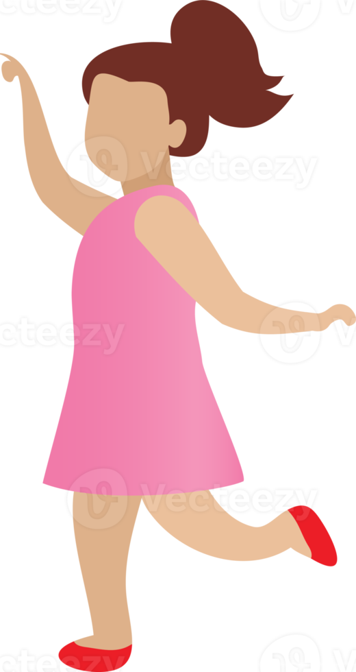 Kid character. Girl in pink dress standing side view. Child at school, education concept. png