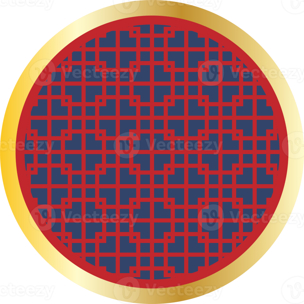 Chinese traditional lattice window frame round shape in red and gold color. png