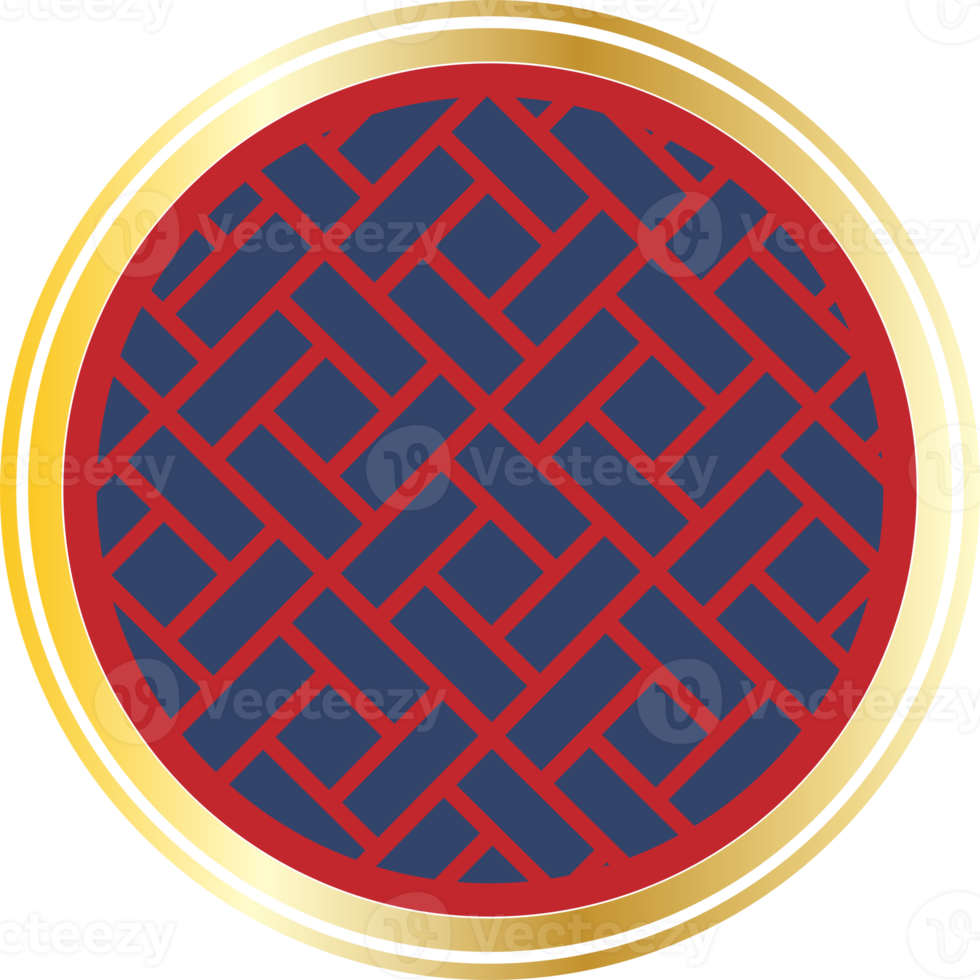 Chinese traditional lattice window frame round shape in red and gold color. png