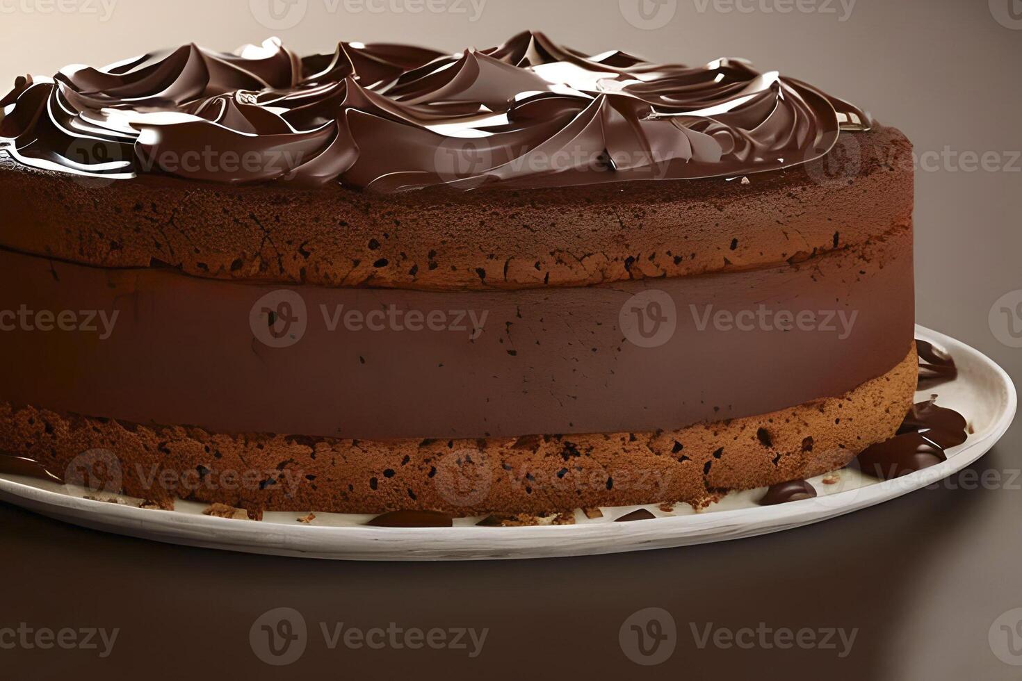 Chocolate cake on the plate side view with chocolate cream on top. photo