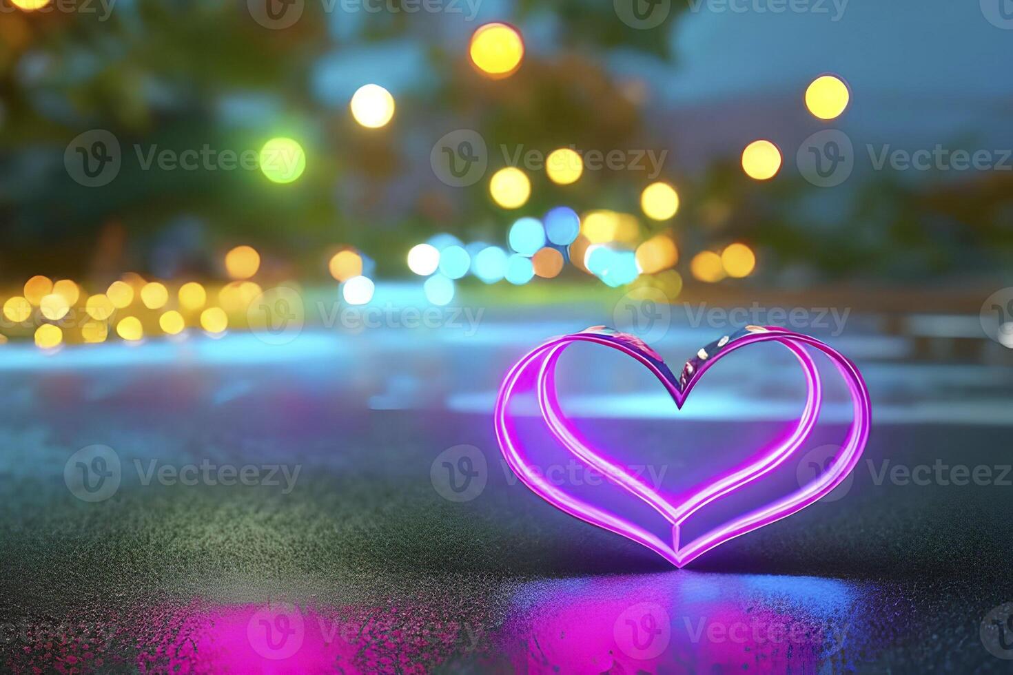 The heart shapes on abstract light neon glitter background in love concept for valentines day with sweet and romantic. Neon heart glowing background space for text. Design and digital material. photo