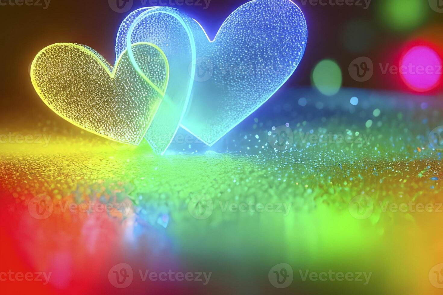 The heart shapes on abstract light neon glitter background in love concept for valentines day with sweet and romantic. Neon heart glowing background space for text. Design and digital material. photo