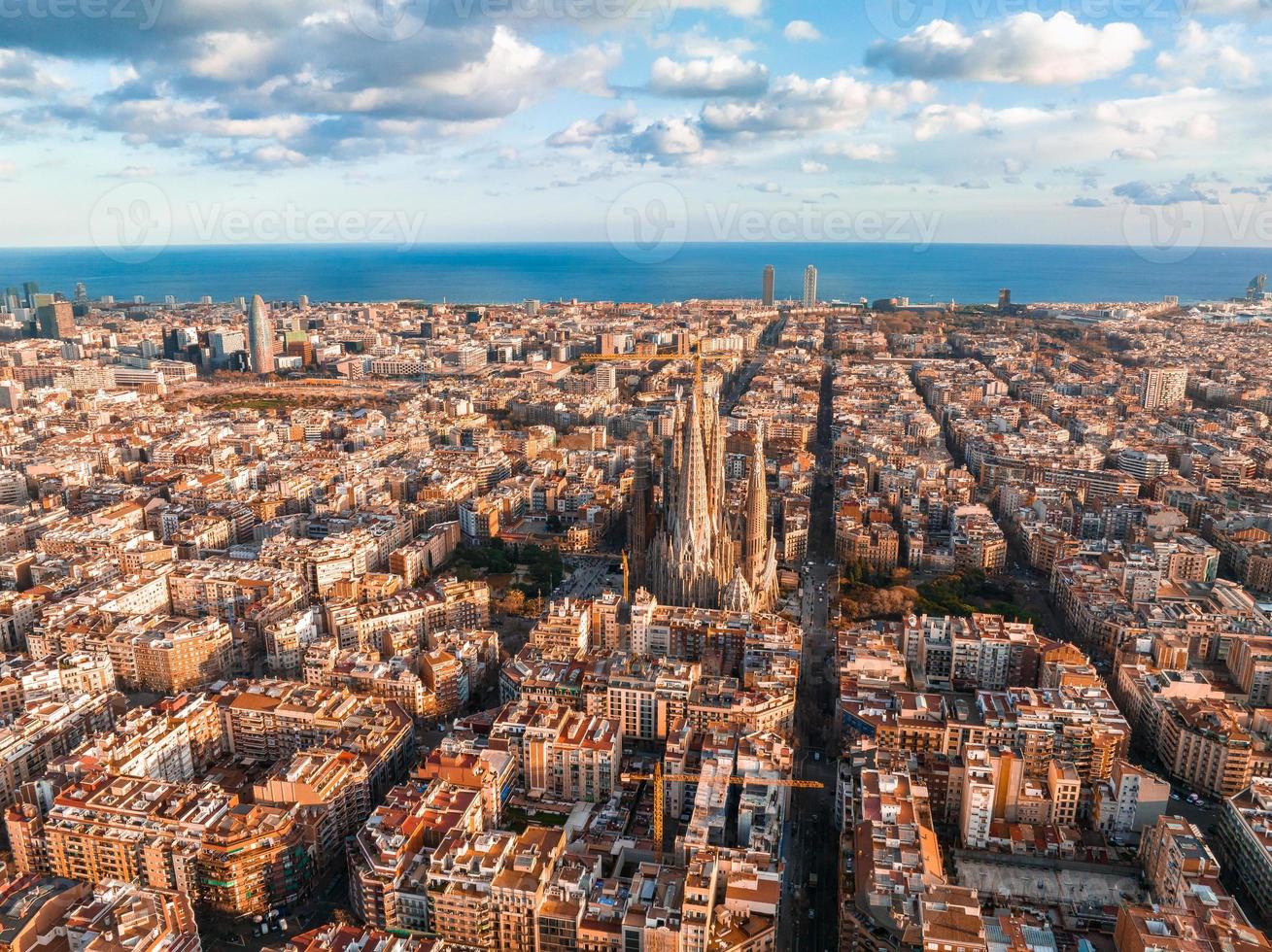 Aerial view of Barcelona City Skyline and Sagrada Familia Cathedral at ...