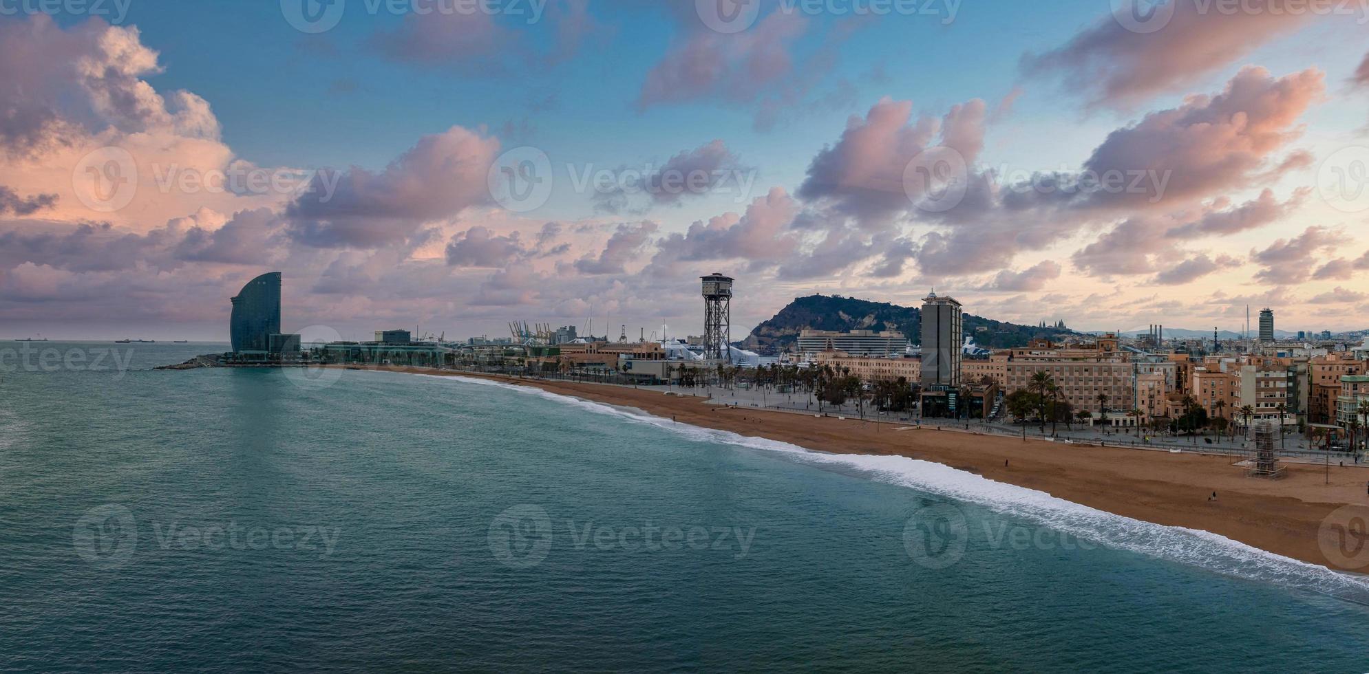 Aerial view of famous Barceloneta beach with hotel luxury W Barcelona photo