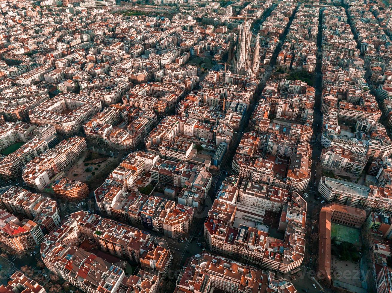 Aerial view of Barcelona City Skyline and Sagrada Familia Cathedral at ...