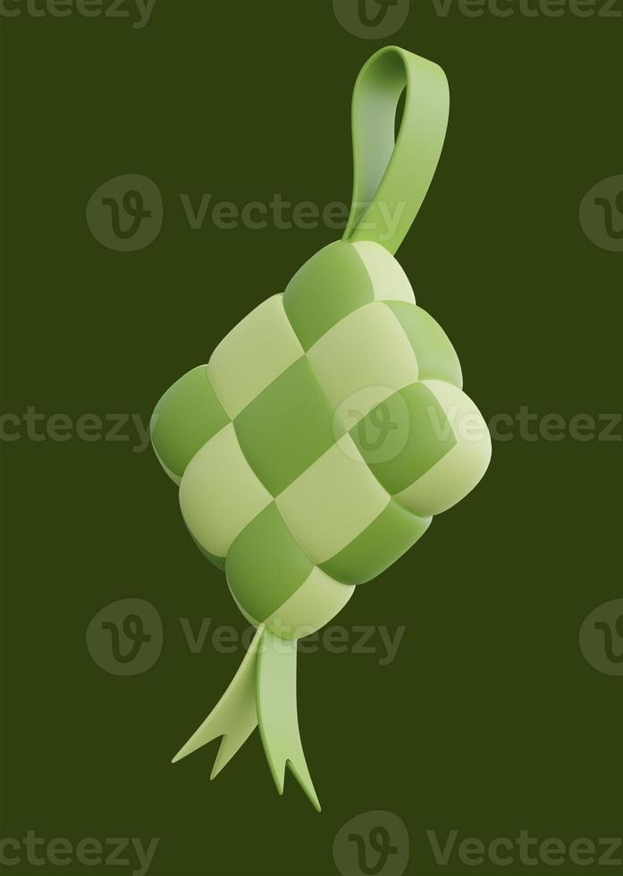 3D rendering ketupat or Malay rice cake element for Raya festival Eid Mubarak on green background photo