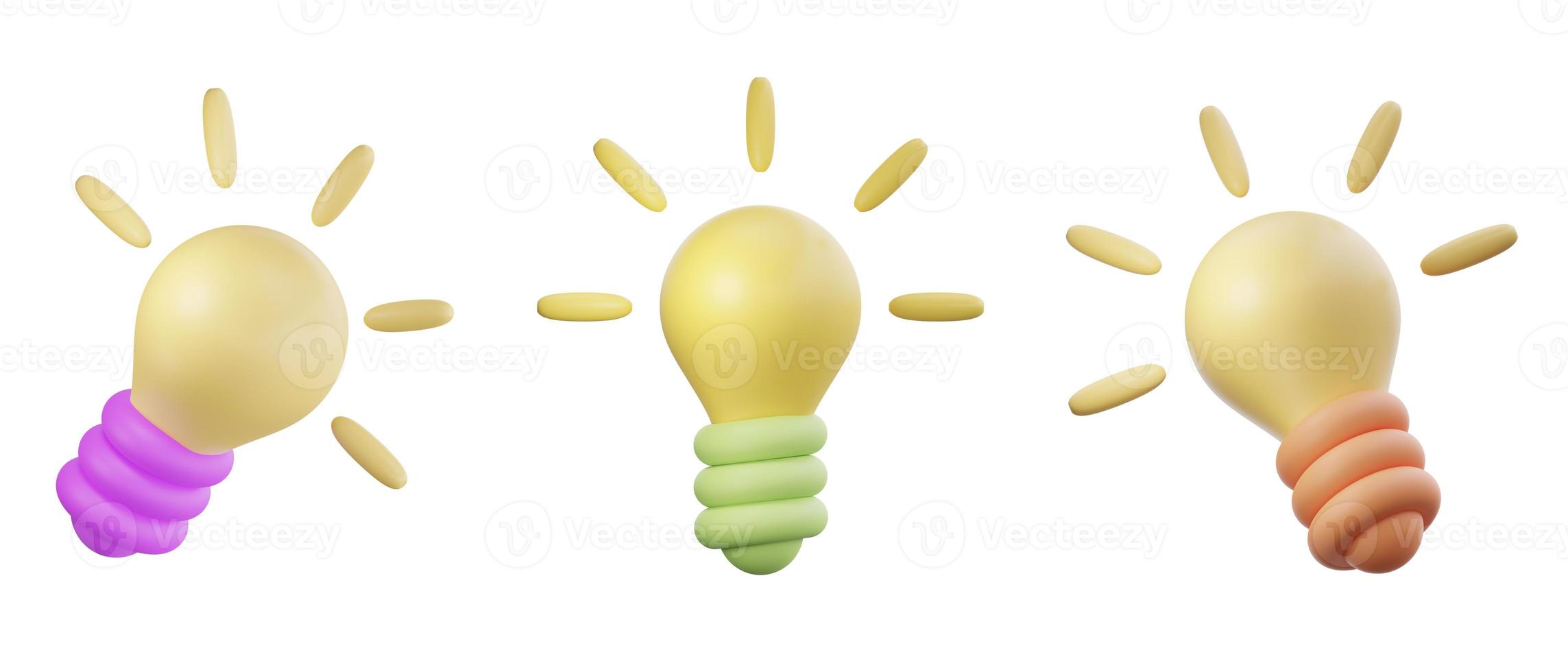 Collection set of 3D rendering cartoon light bulb object icon for business creative idea and brainstorming concept photo