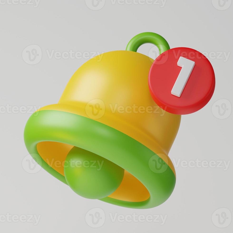 Cute yellow green bell alarm popup notification reminder alert icon sign or symbol on UI social media or website 3D rendering illustration on white background photo