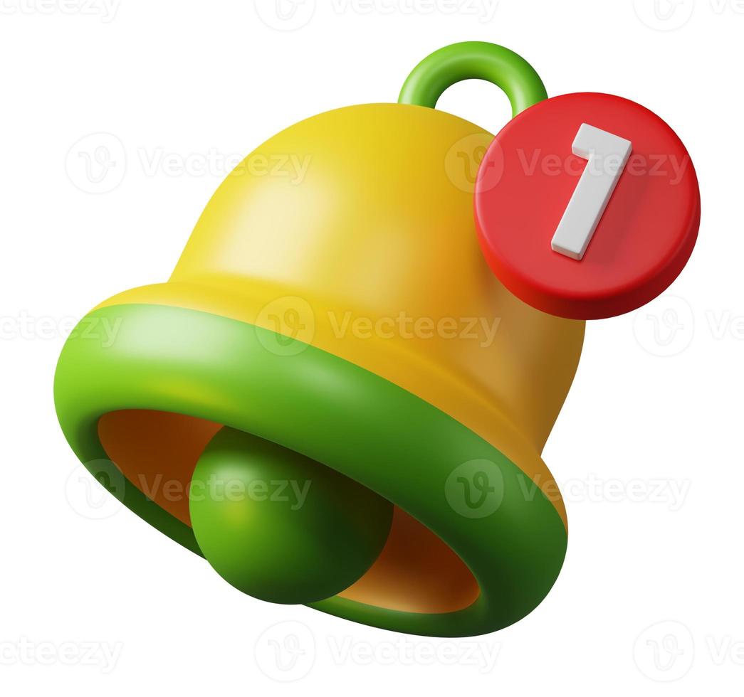 Cute yellow green bell alarm popup notification reminder alert icon sign or symbol on UI social media or website 3D rendering illustration on white background photo