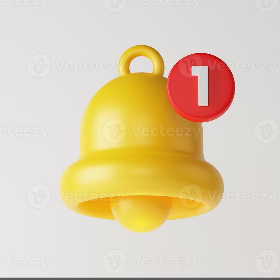 Cute cartoon yellow bell alarm popup notification reminder alert icon sign or symbol on UI social media or website 3D rendering illustration on white background photo
