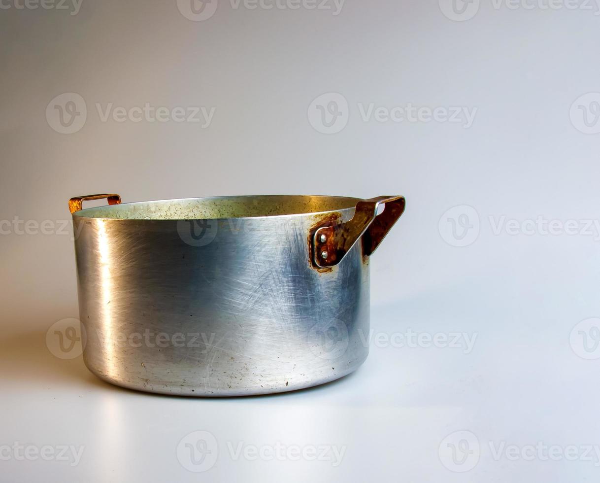 An old aluminum pan made in circa 1960 against a white background