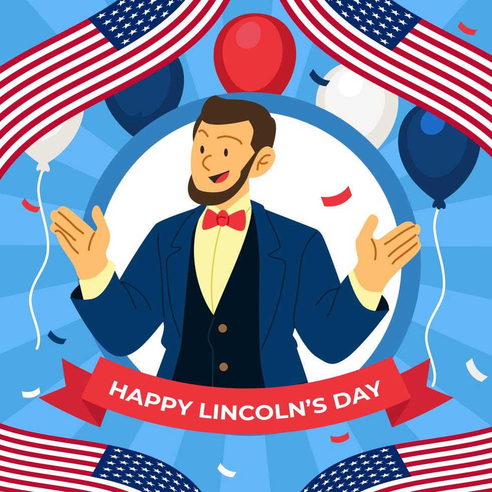 Abrahán Lincoln cumpleaños concepto con banderas y globo vector