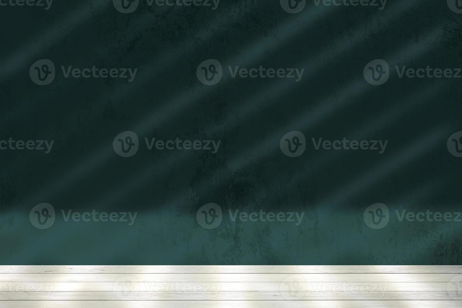 White Wood Floor with Light Beam on Tidewater Green Color Grunge Wall Texture Background, Suitable for Product Presentation Backdrop, Display, and Mock up. photo