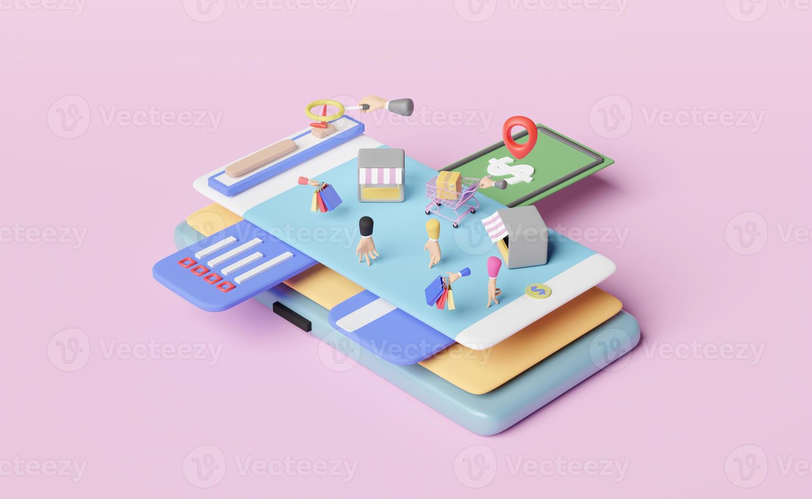 mobile phone or smartphone with store front,walking fingers,search magnifying,shopping cart,goods box on pink background ,franchise business or online shopping concept,3d illustration or 3d render photo