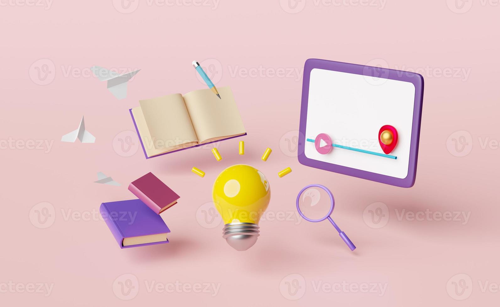 3d tablet computer with yellow light bulb, play bar, paper plane, magnifying isolated on pink background. idea tip education, knowledge creates, e-learning concept, 3d render illustration photo