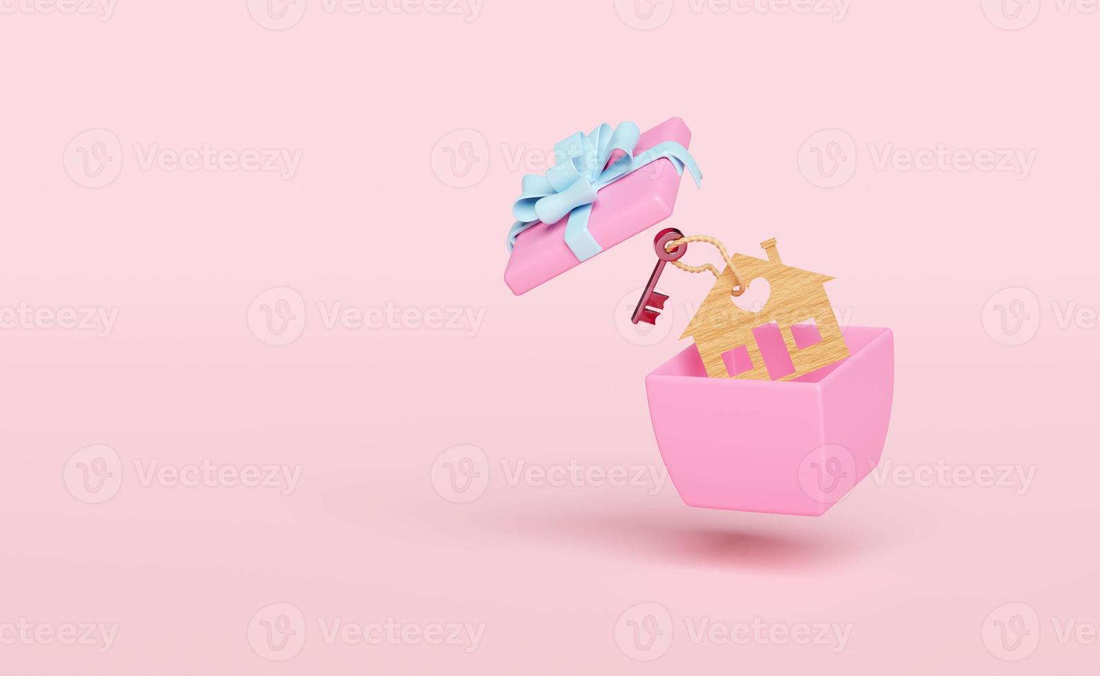 3d house with key in pink gift box, red heart isolated on pink background. concept minimal abstract, 3d render illustration photo