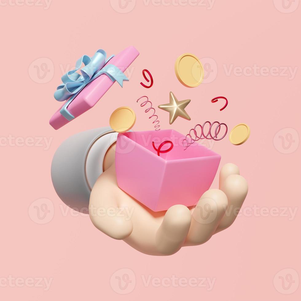 3d hands holding surprise gift box with floating star, coin, geometric shapes isolated on pink background. special offer concept, 3d render illustration, clipping path photo