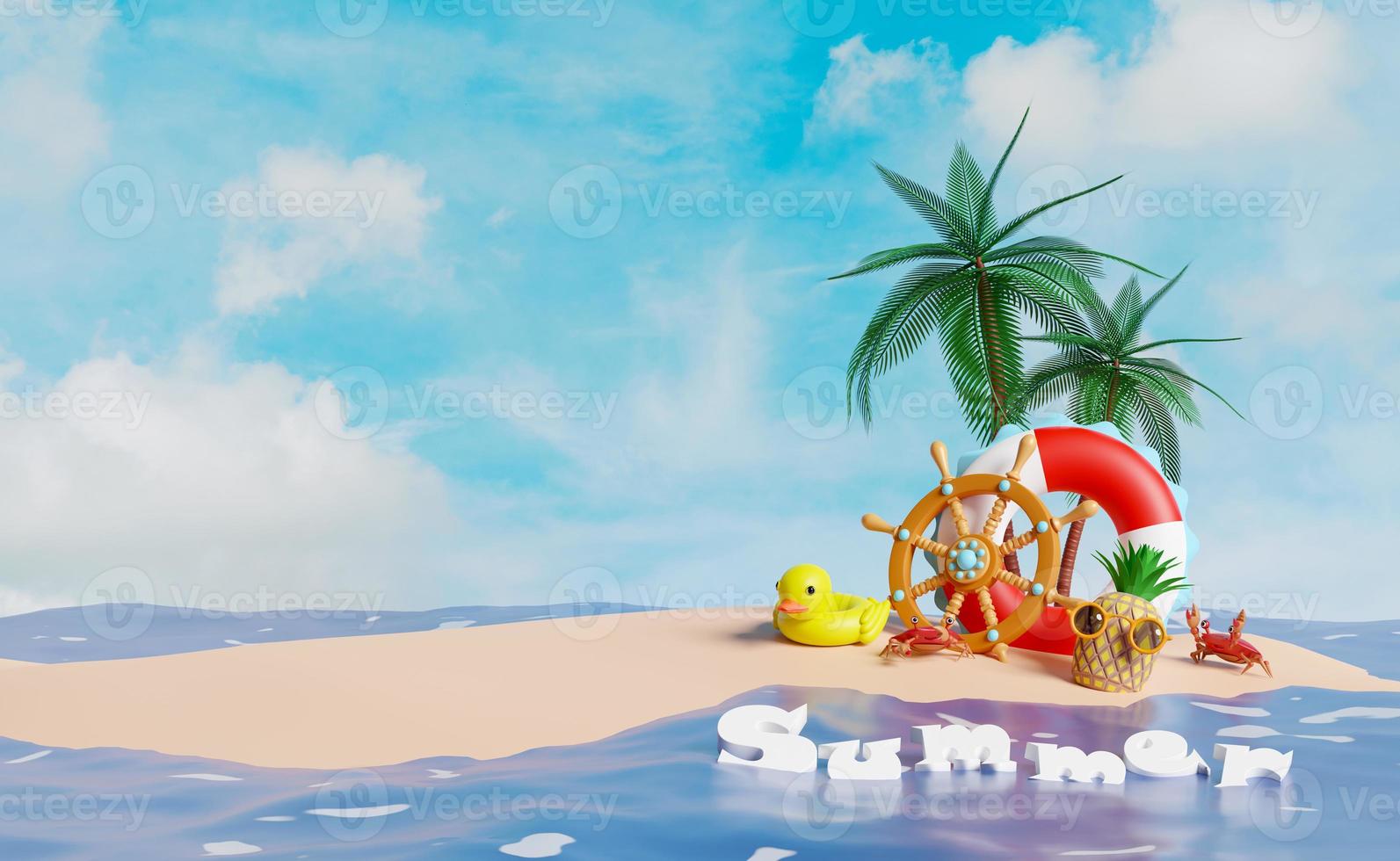 verano viaje concepto con rueda de popa, palma árbol, boya salvavidas, playa, maleta, amarillo pato, sandalias, bote, cangrejo, playa aislado en azul cielo antecedentes. 3d ilustración o 3d hacer foto