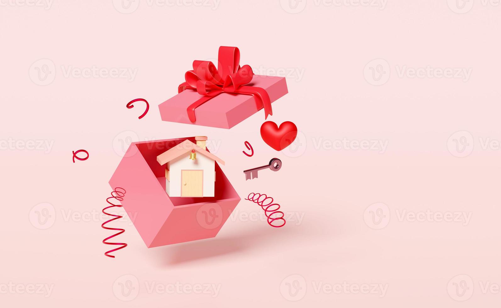 3d house with key in pink gift box, red heart isolated on pink background. concept minimal abstract, 3d render illustration photo