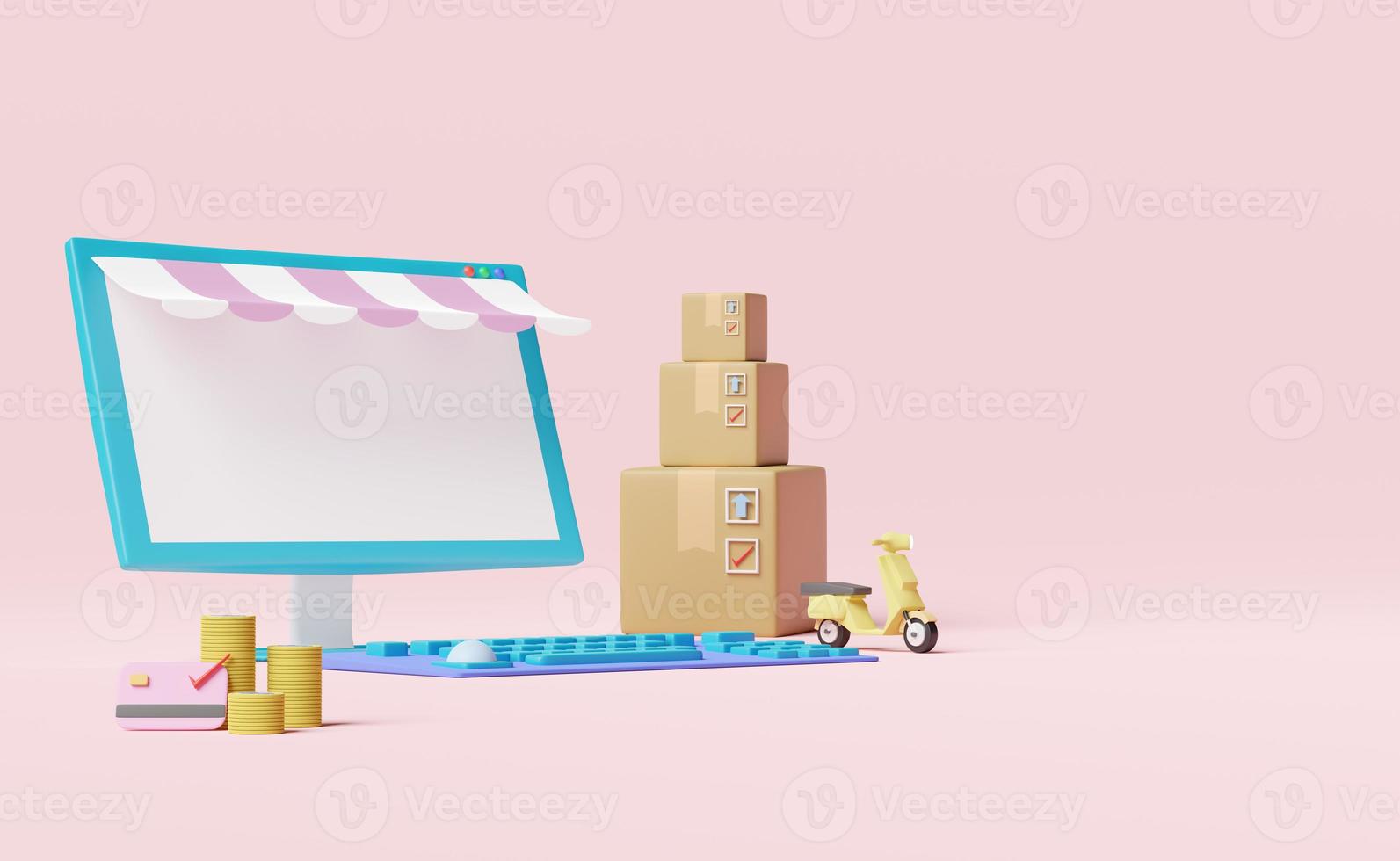computer monitor with store front,goods box,scooter,credit card isolated on pink pastel background,franchise business or fast package shipping delivery concept ,3d illustration or 3d render photo