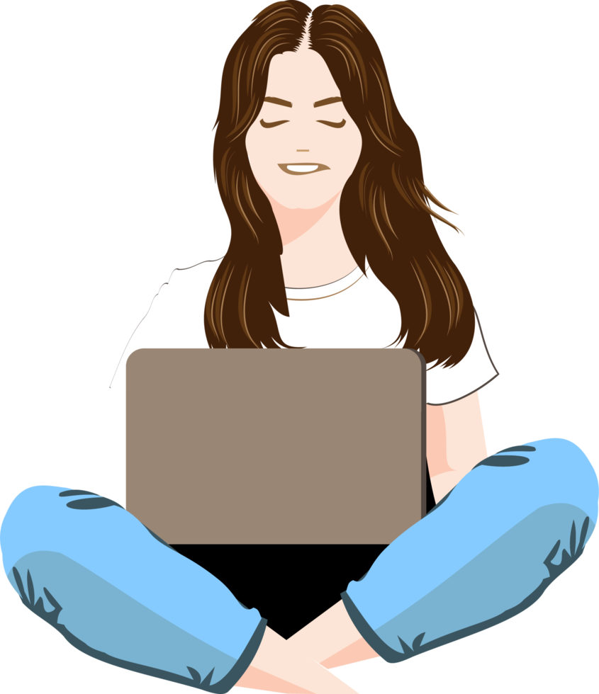 A girl sitting looking at a laptop screen wearing a white T-shirt and jeans png