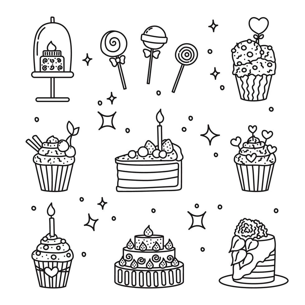 Set of desserts, sweets, ice cream, muffin, cakes, cupcake. Cartoon style. Design element. Hand drawn line art vector illustration isolated on white background.