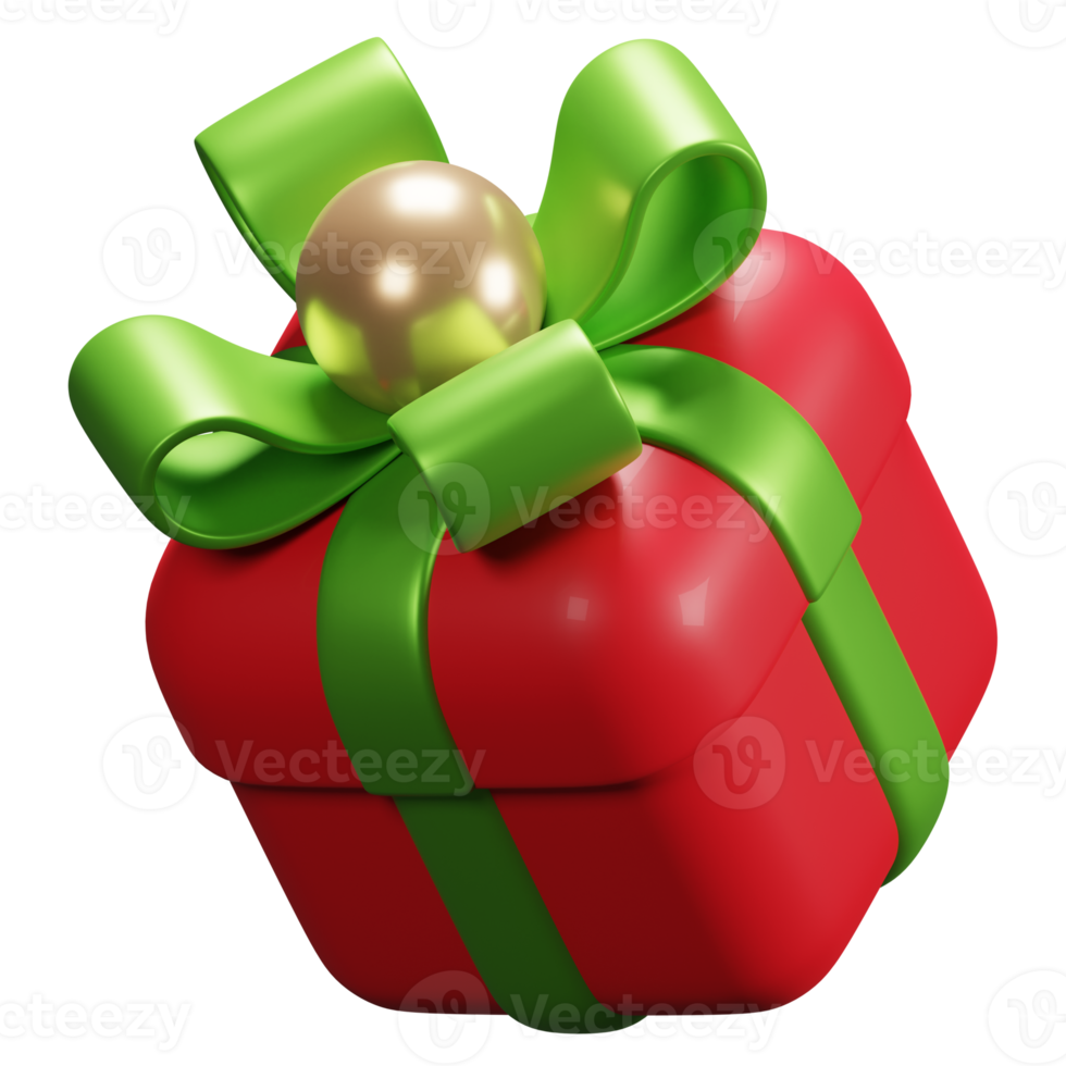 Red gift box with green ribbon and gold ball on top for valentine or birthday or Christmas present 3D illustration png