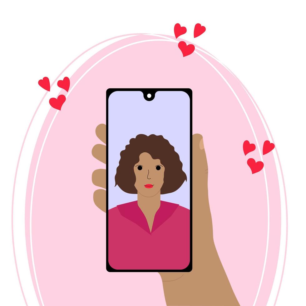 vídeo llamada con tu amado uno. un mano sostiene un teléfono inteligente con un mujer en el pantalla en un rosado antecedentes. en línea tener una cita, largo distancia relaciones vector