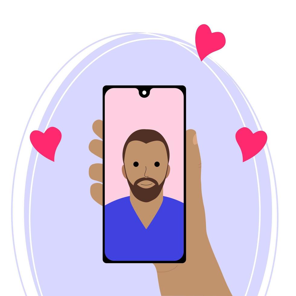 Video Call With Your Loved One. A Hand Holds a Smartphone With a Man On the Screen on a Blue Background. Online Dating, Long Distance Relationships vector