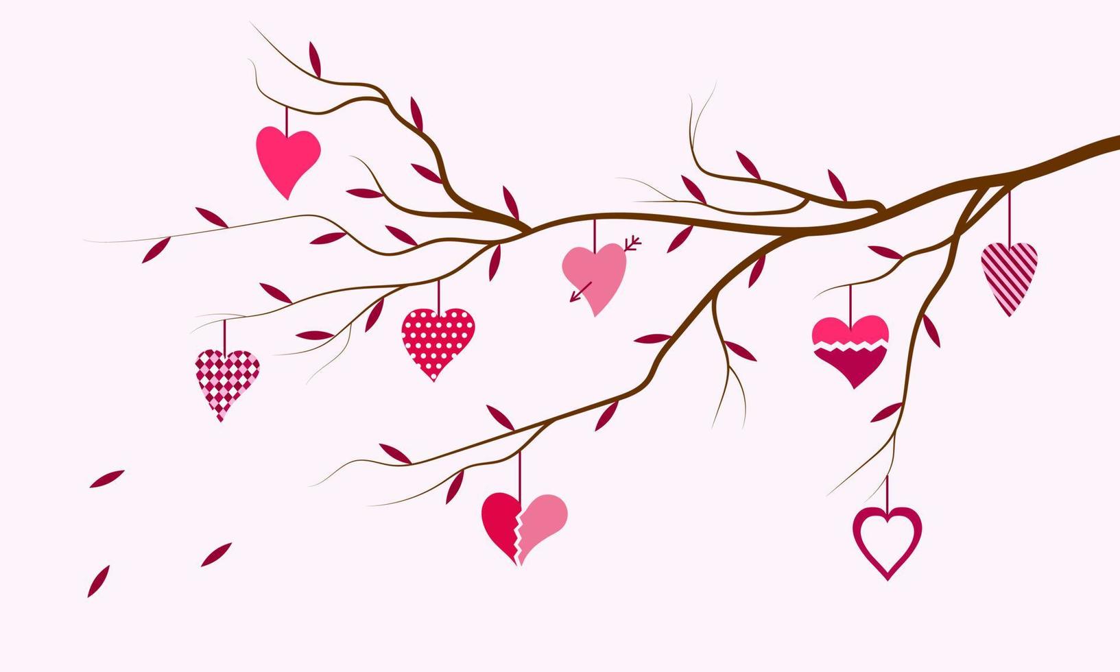 rama con hojas y colgando corazones. contento amor concepto. San Valentín día tarjeta vector