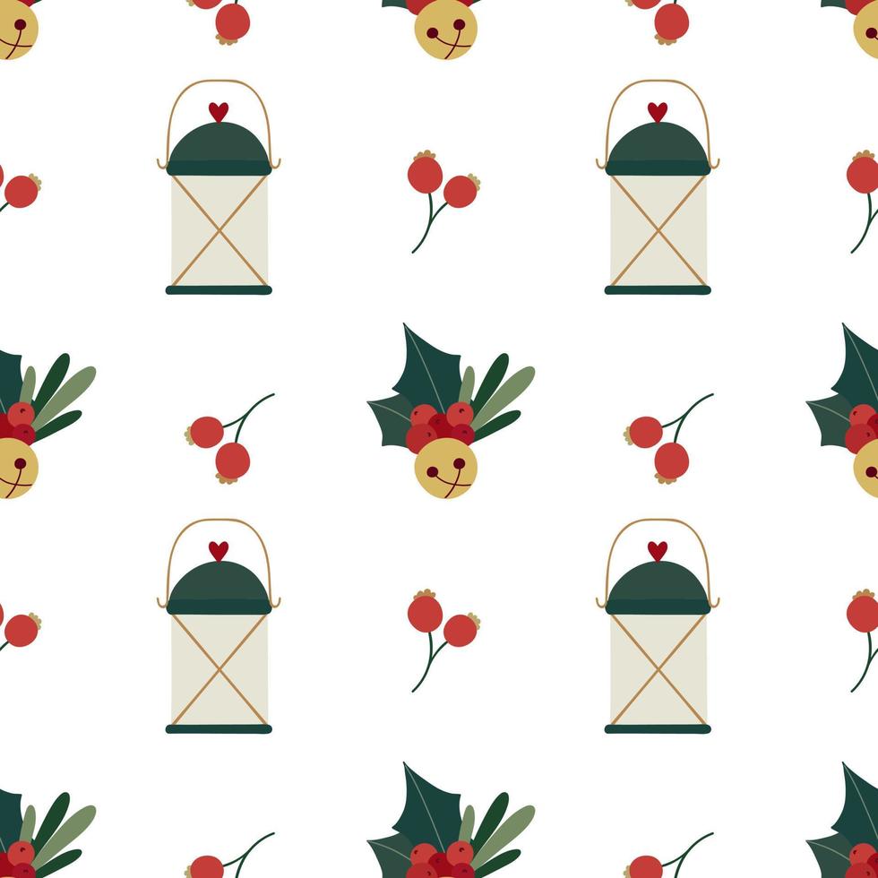 Christmas lantern with red berries, holly and golden sleigh bell. Winter festival seamless pattern. vector