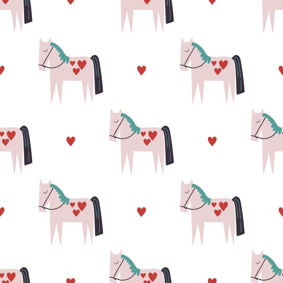 Funny pink pony with hearts. Joyful childish seamless pattern. vector