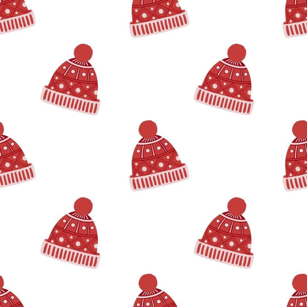 Red knitted winter hat. Simple and festive seamless pattern vector