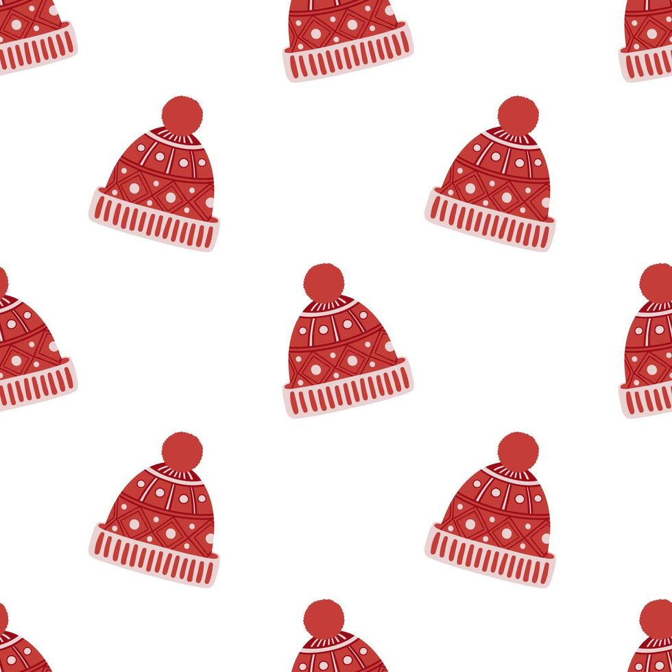 Red knitted winter hat. Simple and festive seamless pattern vector