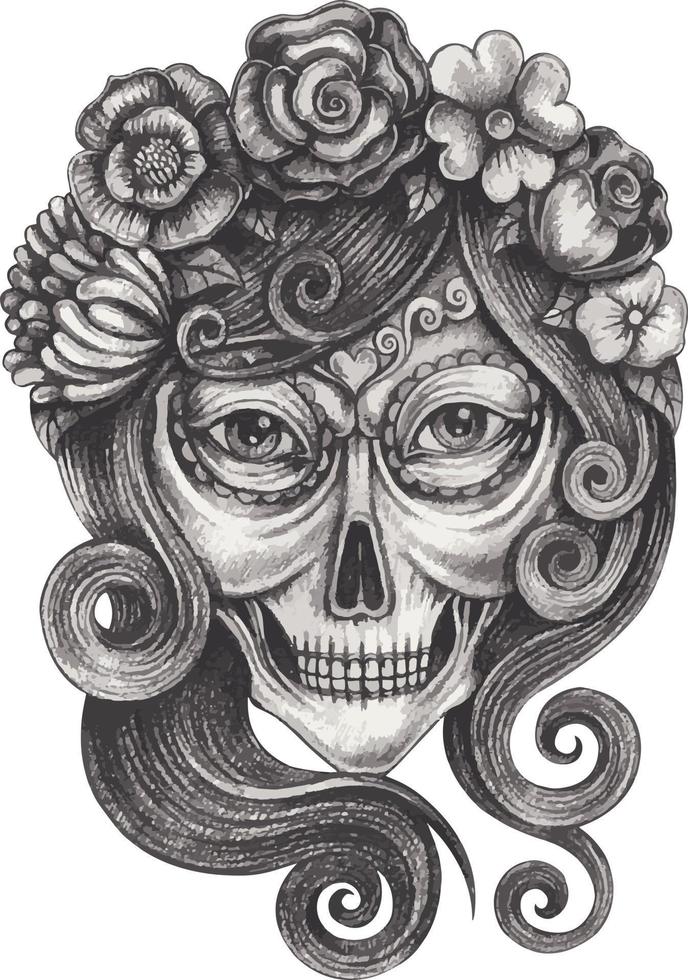 Art fancy woman skull day of the dead. Hand drawing and make graphic vector. vector