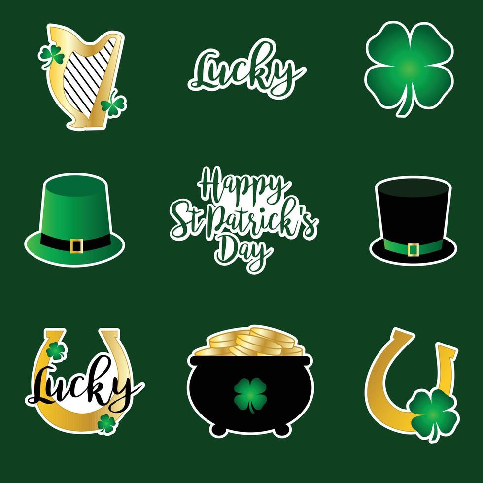 Saint Patricks Day vector stickers gold harp and horseshoes