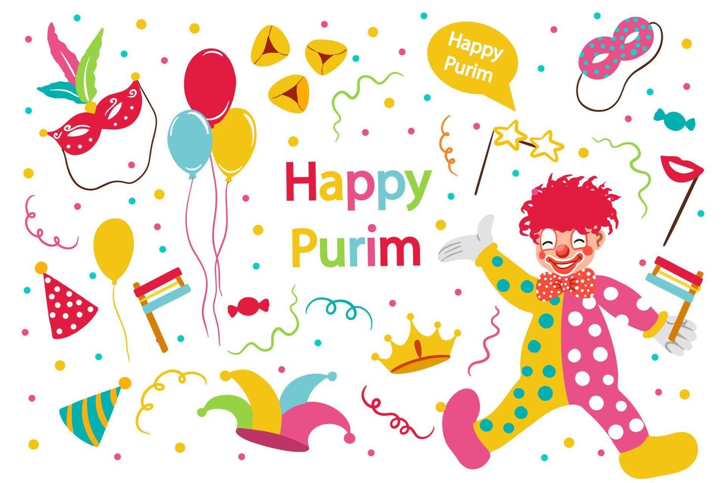 Banner for Jewish holiday Purim with masks and traditional props. Happy Purim wish, congratulations. Vector illustration