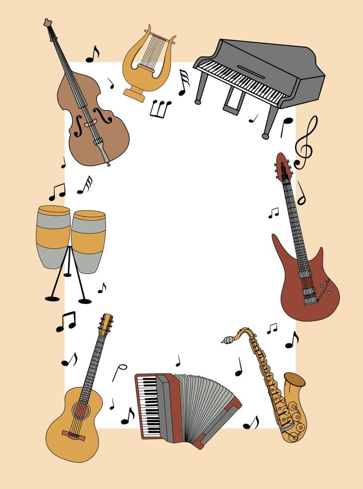 musical instruments around the white page. Vector template