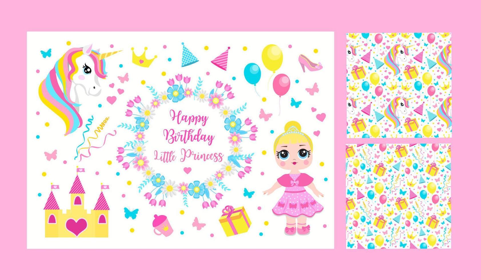 Happy birthday little princess set of elements for design, greeting card and vector seamless pattern